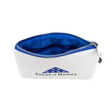 White and blue coin/valuables pouch with text Folds of Honor