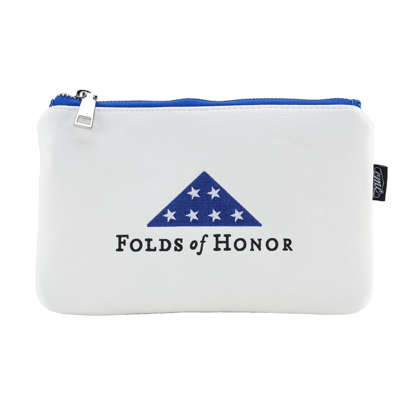 White and Blue coin/valuables pouch with text Folds of Honor