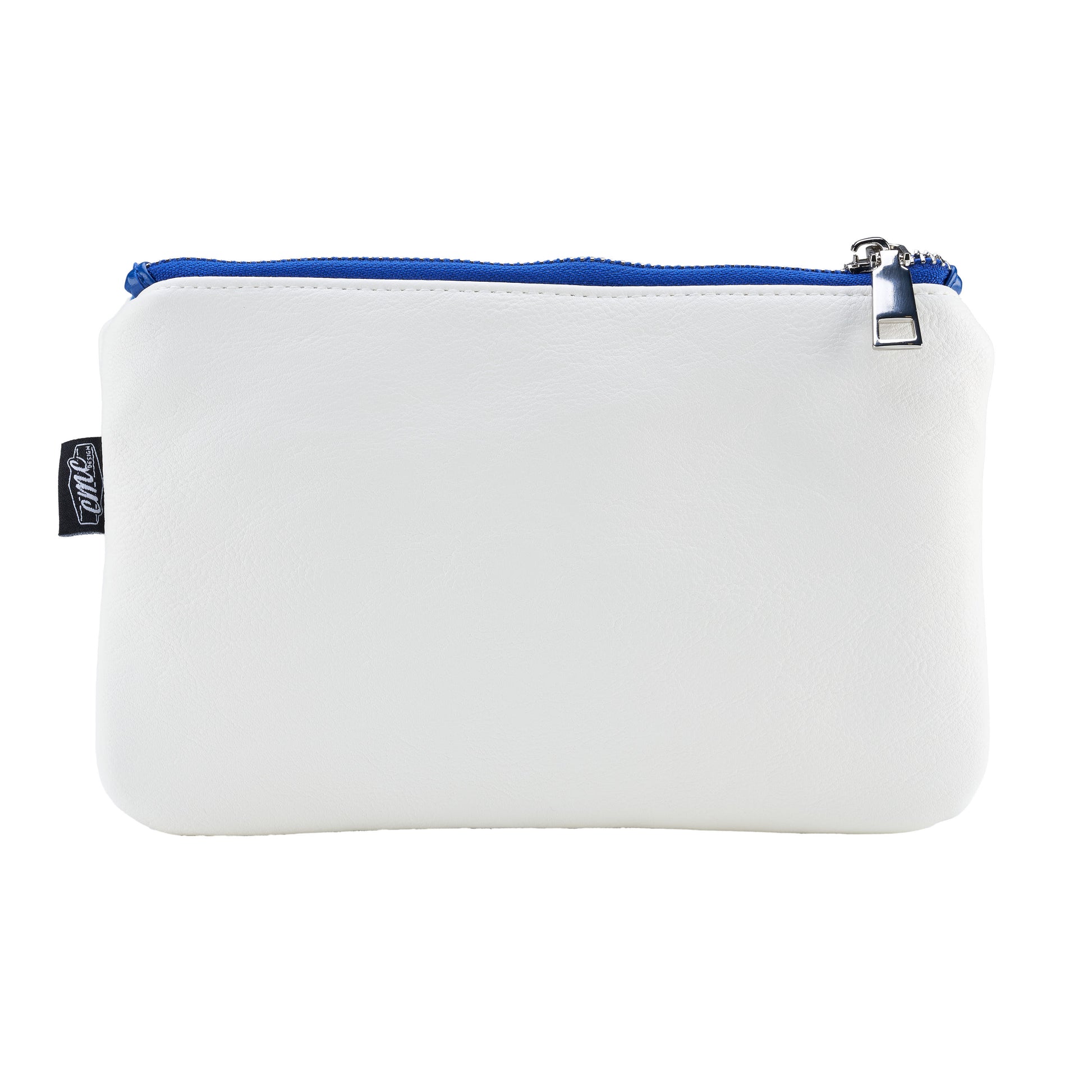 back of white and blue valuables pouch